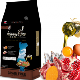 Средиземноморска храна HappyOne Mediterraneum Grain Free Lamb а пораснали кучета от всички породи с прясно агнешко месо, зехтин, сладък картоф, яйца и нар